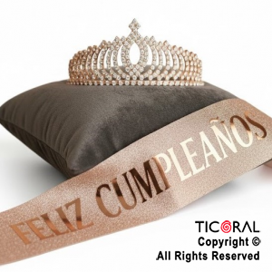 SET VINCHA Y BANDA FELIZ CUMPLEA�OS STRASS ROSA GOLD (10547C) X 1